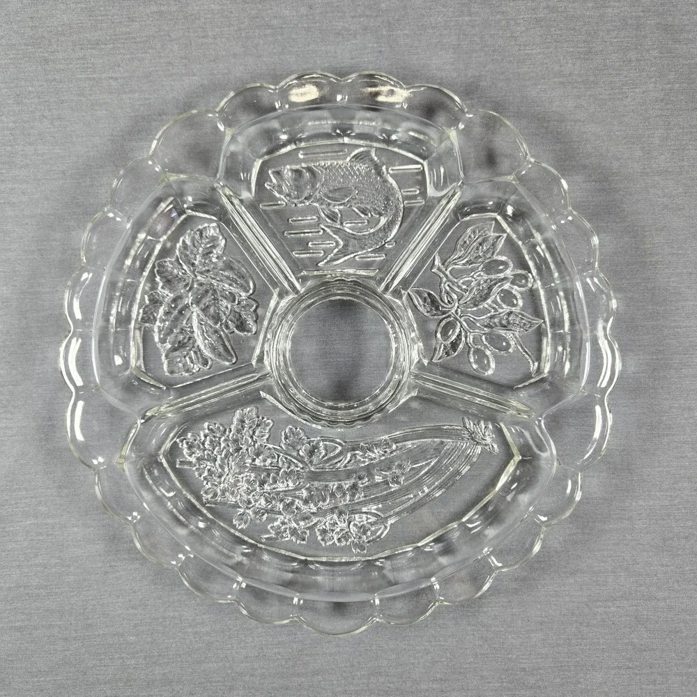 Vintage Clear Pressed Glass Divided Relish Tray‎ 5 Section Scalloped Floral 12